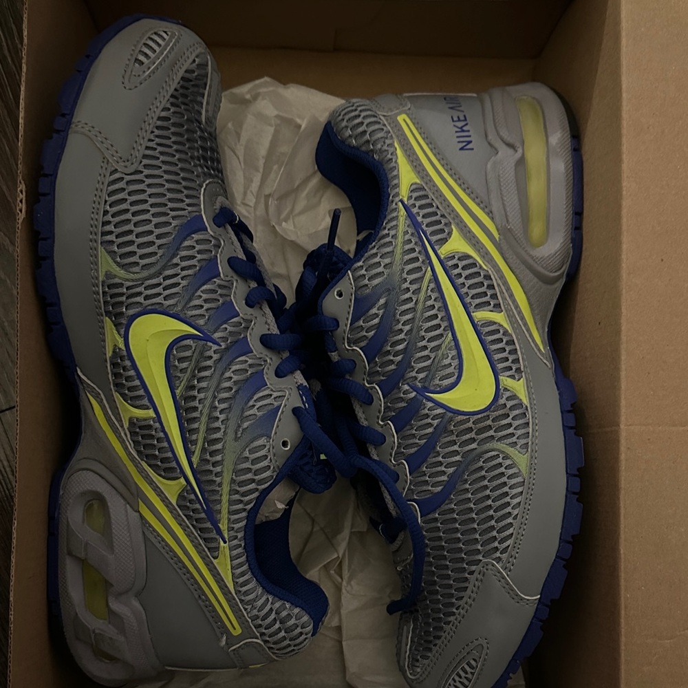 Nike Gray and Blue Running Shoes with Neon Yellow Highlights